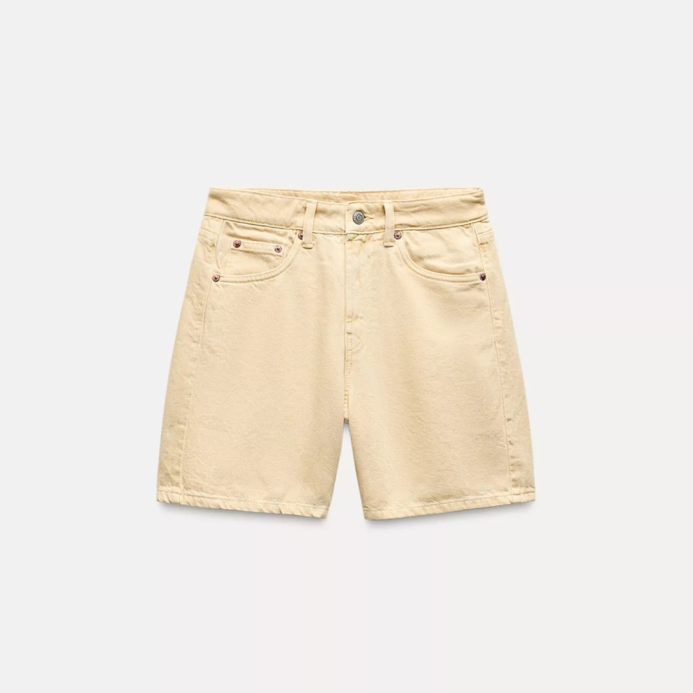 Zara Light Yellow Denim Shorts, mid rise waste